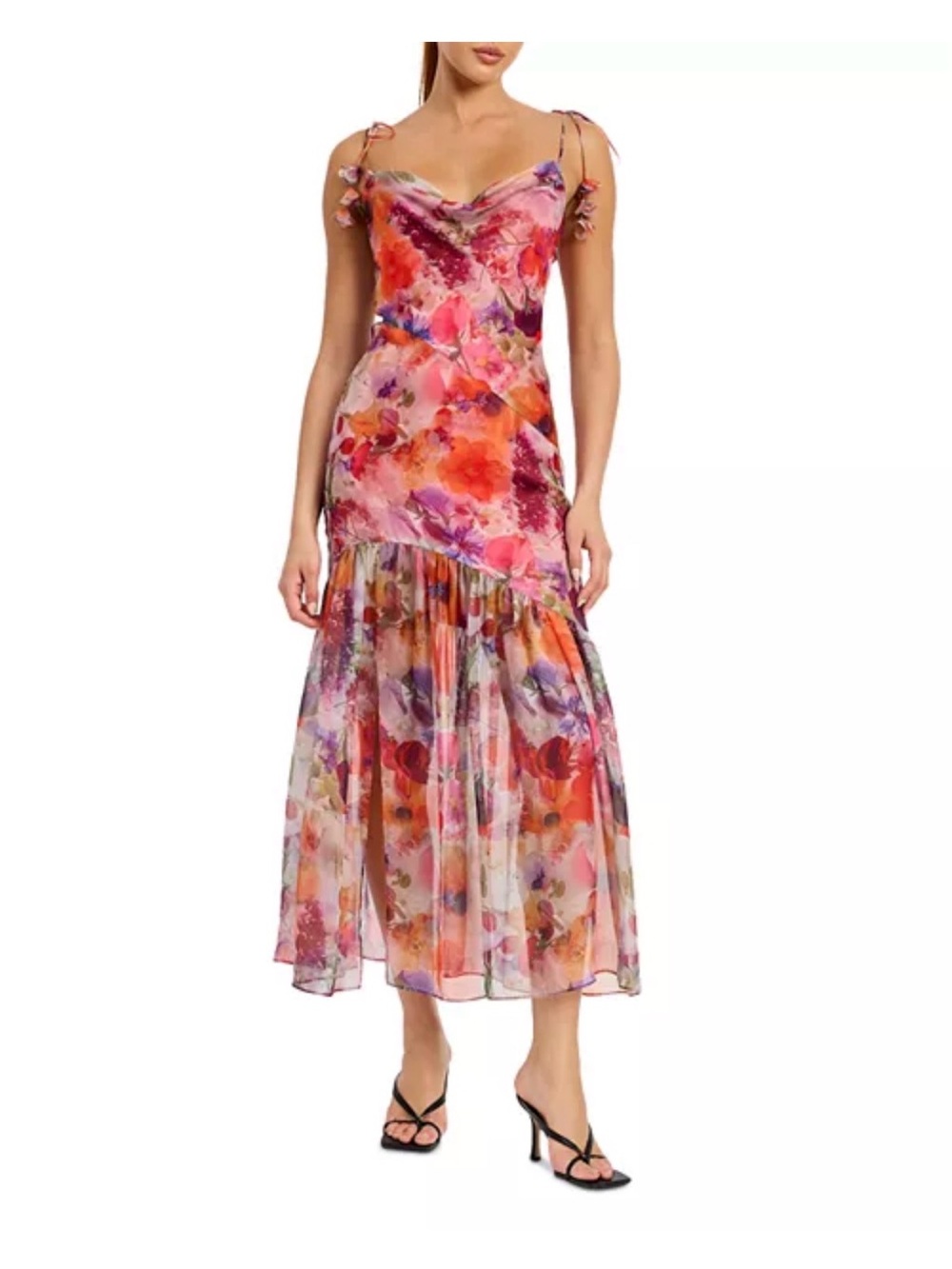 En Saison Pink Floral Maxi Slip Dress with Ruffle Panel